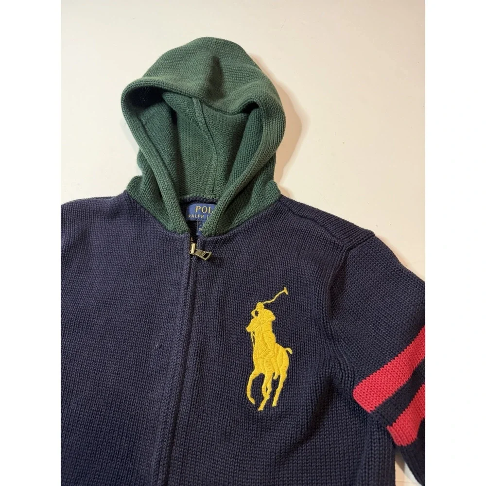 Polo Ralph Lauren Kids Big Pony Full Zip Knit Hoodie Navy Green Size Small 8